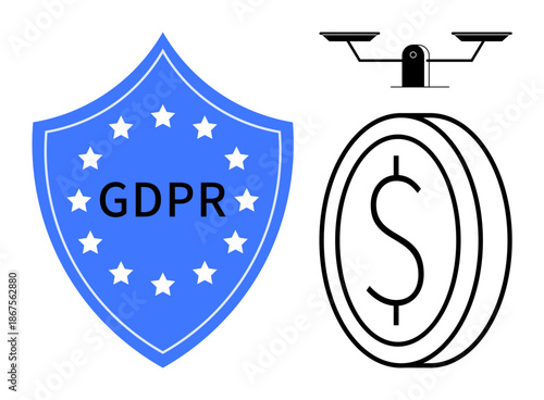 Data protection, privacy laws, surveillance, security standards, finance management, GDPR compliance concept. Shield with GDPR text, camera and coin symbol. Data protection and privacy laws