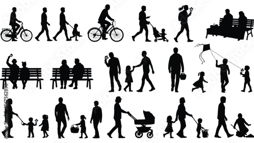 Black silhouettes of people walking sitting and playing in various scenarios on white background for design and illustration with graphic
