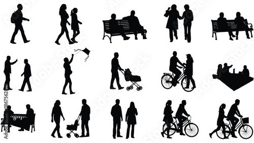 Collection of black silhouette people illustrations in various daily life activities on white background with black illustration and human silhouettes