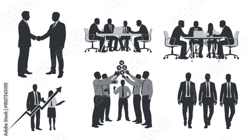 Business people silhouettes in various professional settings and teamwork illustrations with meetings and collaboration and corporate and vector graphics