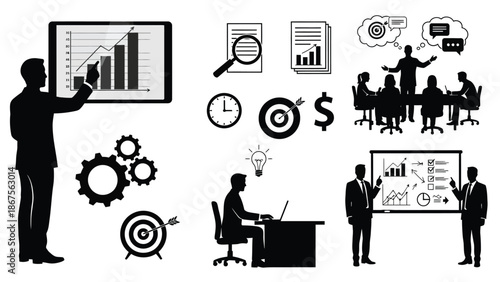 Monochrome vector illustration depicting business concepts with silhouetted figures presenting financial data teamwork meetings and individual work for marketing
