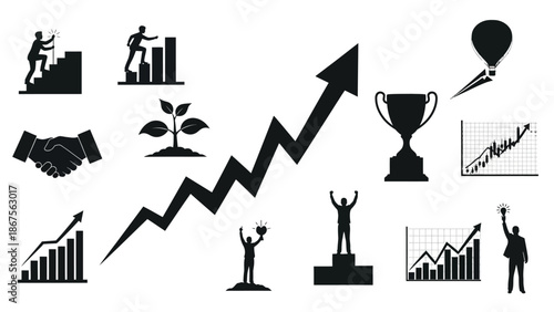 Business success growth graph with silhouetted people celebrating achievement and partnership vector illustration with business growth and celebration