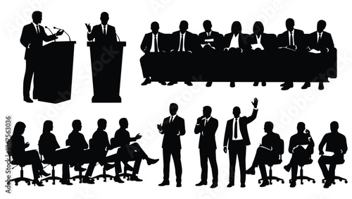 Silhouettes of business professionals in various meeting and presentation settings with business meeting and corporate and teamwork and leadership
