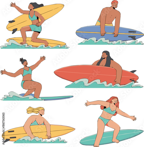  Collection of cute funny people in swimwear surfing in sea or ocean. Bundle of happy surfers in beachwear with surfboards isolated on white background. Colorful flat cartoon vector illustration