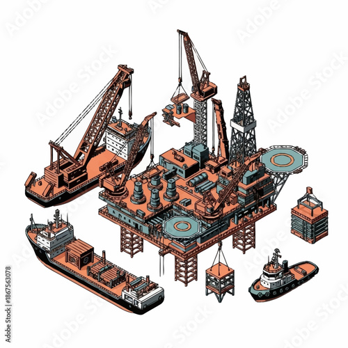 Offshore Oil Rig and Support Vessels Illustration.