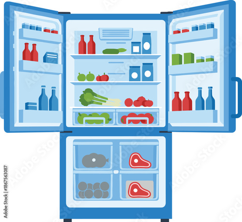 Open refrigerator vector illustration showing fresh food storage shelves with meat vegetables bottles and dairy isolated