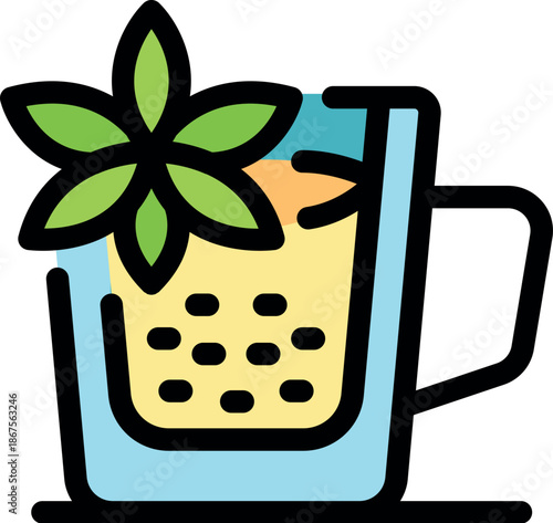 Illustrated bubble tea with mint and tapioca pearls