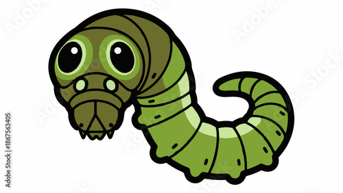 A cute cartoon caterpillar with large black eyes and green segmented body, facing left
