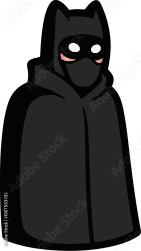 A cute cartoon character wears a dark hooded cloak and mask, with pink cheeks