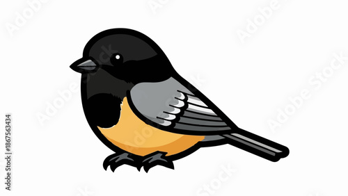 A cute cartoon chickadee bird with black, gray, and orange plumage