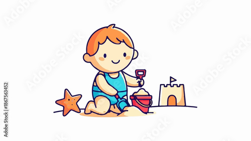 A cute cartoon child plays in the sand at the beach, building a castle