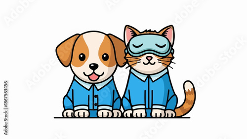 A cute cartoon dog and cat in blue pajamas with a sleeping mask sit side by side