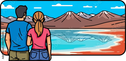 A couple gazes at a vibrant, multi-hued lake reflecting snow-capped mountains under a bright blue sky