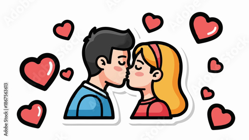 A couple shares a tender kiss surrounded by floating hearts, symbolizing love