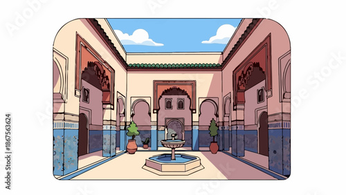 A courtyard with a fountain, potted plants, and architectural arches