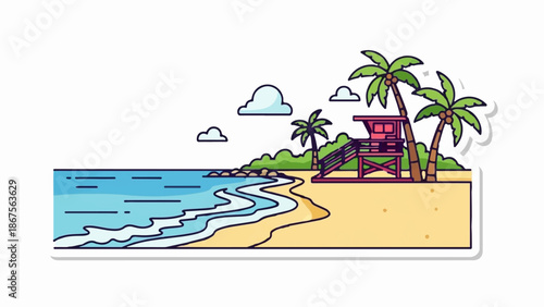 A colorful, flat-style illustration of a tropical beach scene with a lifeguard tower and palm trees