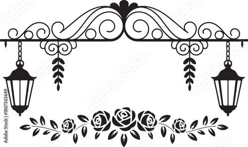 A sophisticated black silhouette border featuring elegant hanging lanterns and a cluster of delicate roses