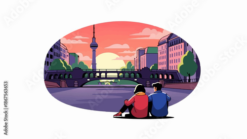 A couple sits by a river, watching a sunset over a city skyline with a tall tower