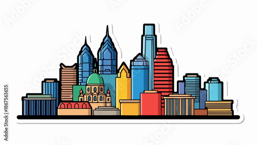 A colorful, graphic representation of a city skyline featuring various distinct buildings