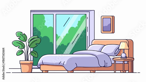 A cozy bedroom with a large window showcasing lush green trees, a neatly made bed, and a bedside table with a lamp