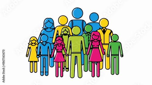 A colorful group of stick figures representing a diverse crowd