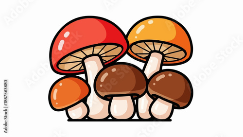 A colorful group of stylized mushrooms with rounded caps and thick stems