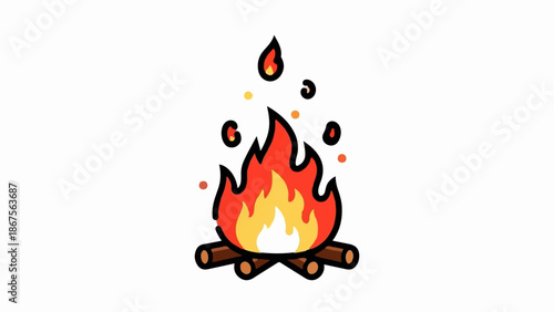 A cozy campfire with vibrant flames and scattered embers on a white background