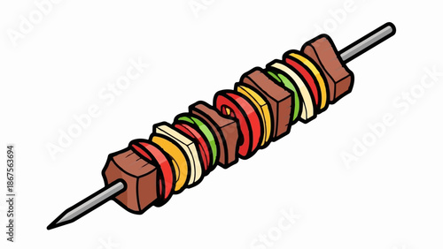 A colorful, hand-drawn depiction of a meat and vegetable skewer on a white background
