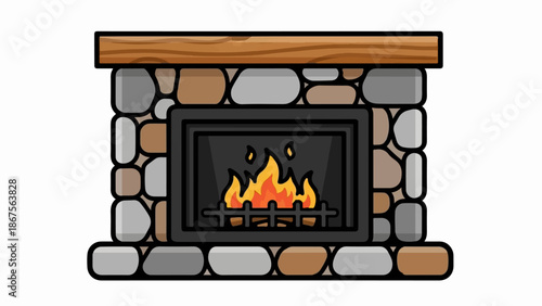A cozy, cartoonish fireplace with a stone facade and burning logs