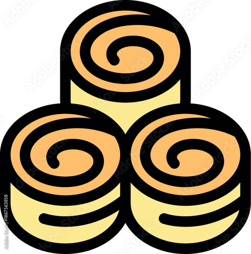 Three slices of swiss roll cake arranged in a pyramid shape, creating a visually appealing presentation