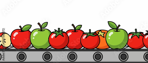 A colorful assortment of cartoon apples and tomatoes arranged on a gray conveyor belt