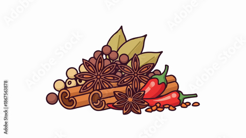 A colorful assortment of aromatic spices, including star anise, cinnamon, peppercorns, chili peppers, and bay leaves
