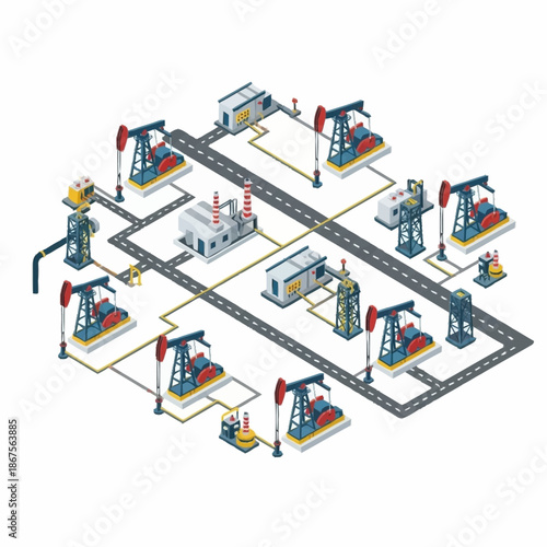 Oil Extraction Plant with Pumpjacks and Infrastructure.
