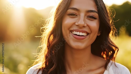happy young woman smiling in sunlight 