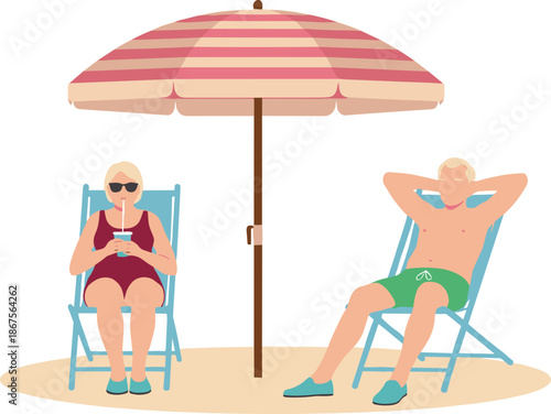 Elderly couple relaxing on beach vector illustration showing seniors sunbathing under umbrella summer vacation lifestyle