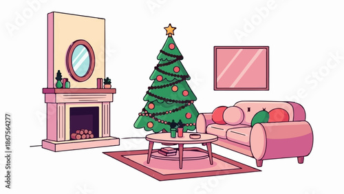 A cozy living room decorated for Christmas with a fireplace and sofa