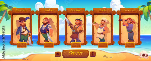 Pirate crew characters, game interface wood frames, vector GUI. Cartoon captain, sailor, cook, doctor and lookout corsairs wooden option windows of pirate game menu at treasure island background