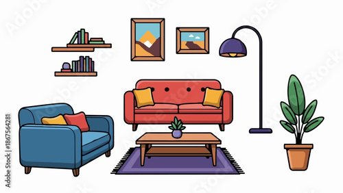 A cozy living room scene with a blue armchair, red sofa, coffee table, plants, and art