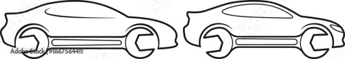 Car service and repair icons, automobile silhouette combined with wrench outline isolated on white background.