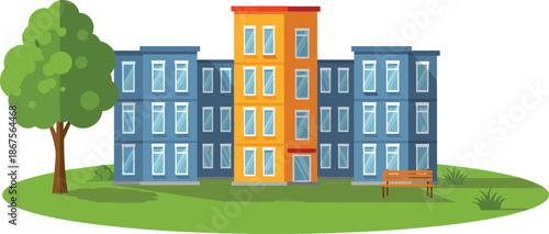 Modern apartment building illustration with park, tree and bench, residential housing concept