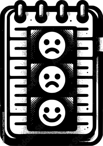 Mood Rating: A simple mood rating notepad illustrates varied expressions, from a wide smile to a frown. Representing the spectrum of emotion, with the user's feelings on display.