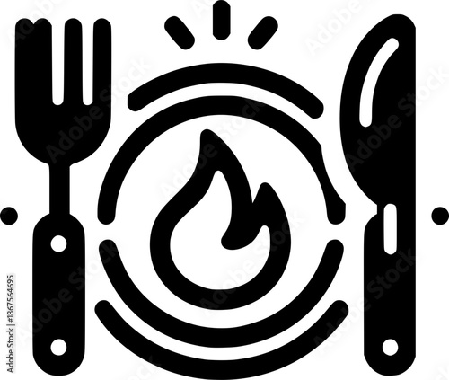 Culinary Delight Icon: A stylized icon showcases the essence of gastronomic pleasure, with a vibrant flame at its heart, complemented by elegant cutlery arrangement.