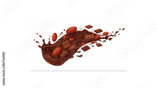 hot chocolate splash with cocoa beans and chocolate bars falling