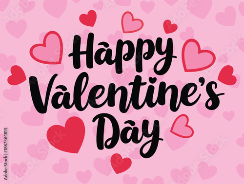 Happy Valentine's Day typography banner with pink hearts background