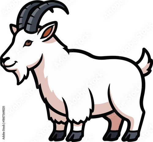 A cartoonish white goat with large curved horns and a beard stands facing left