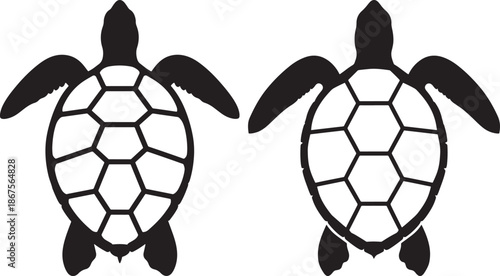 Sea turtle silhouettes with shell patterns, marine reptile icons isolated on white background.