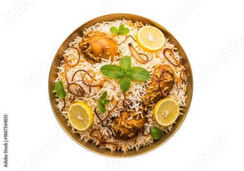 top view chicken biryani with lemon slices and mint leaves