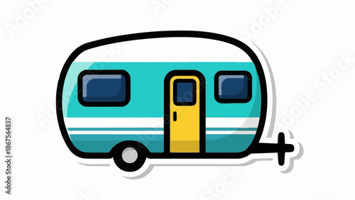 A cartoonish teal and white caravan with a yellow door and dark windows