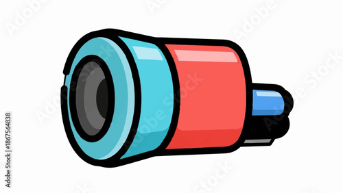 A cartoonish, stylized object with a red, blue, and teal design, presented in isolation