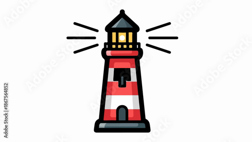A cartoonish, striped red and white lighthouse emits yellow light